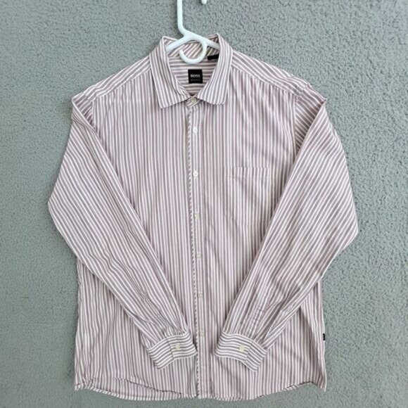 HUGO BOSS MENS BUTTON DOWN SHIRT SIZE XL RED/PINK STRIPES - Picture 1 of 10